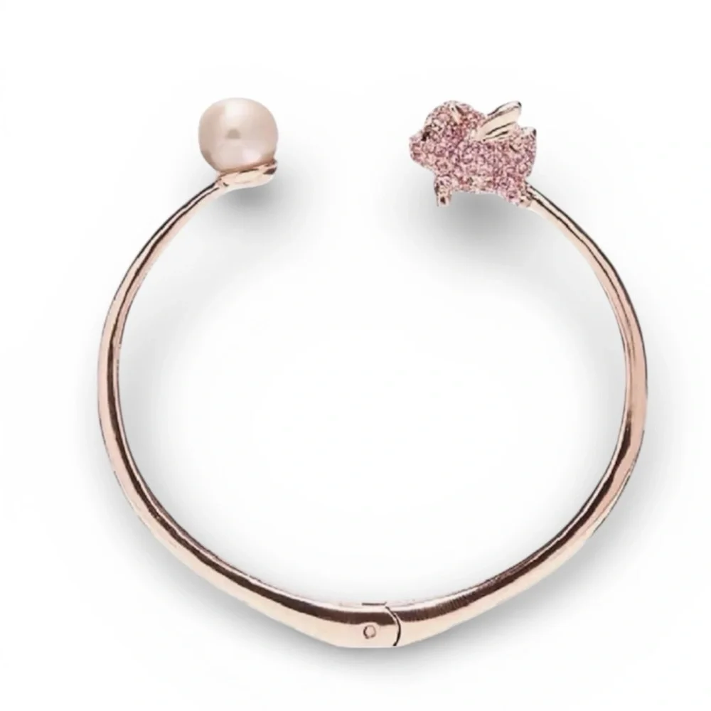 Kate Spade New York 12K Gold Pink Imagination Pig Open Hinge Bangle Bracelet